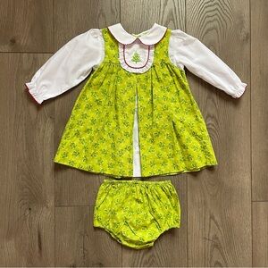 Petit Ami Christmas Tree Embroidered 12m Baby Holiday Dress and Bloomers Set